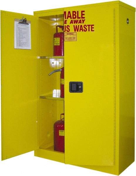 Securall Cabinets - 2 Door, 2 Shelf, Yellow Steel Standard Safety Cabinet for Flammable and Combustible Liquids - 65" High x 43" Wide x 18" Deep, Manual Closing Door, 3 Point Key Lock, 45 Gal Capacity - Exact Tool & Supply