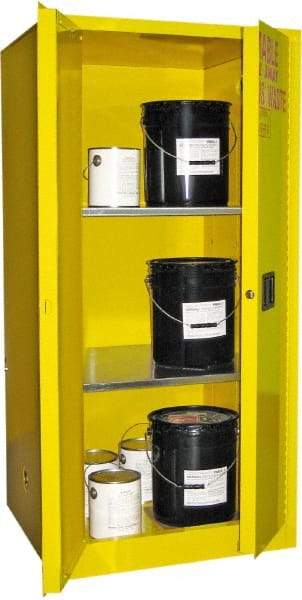 Securall Cabinets - 2 Door, 2 Shelf, Yellow Steel Standard Safety Cabinet for Flammable and Combustible Liquids - 65" High x 31" Wide x 31" Deep, Manual Closing Door, 3 Point Key Lock, 60 Gal Capacity - Exact Tool & Supply