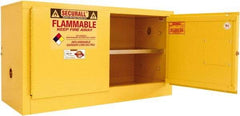 Securall Cabinets - 2 Door, 1 Shelf, Yellow Steel Stackable Safety Cabinet for Flammable and Combustible Liquids - 24" High x 43" Wide x 18" Deep, Manual Closing Door, 3 Point Key Lock, 18 Gal Capacity - Exact Tool & Supply