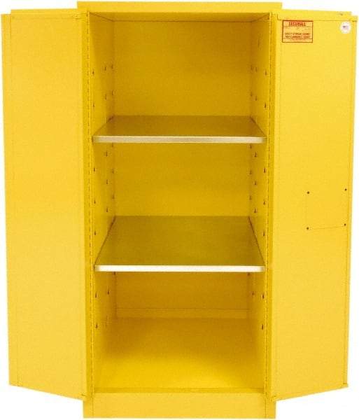 Securall Cabinets - 2 Door, 2 Shelf, Yellow Steel Standard Safety Cabinet for Flammable and Combustible Liquids - 65" High x 31" Wide x 31" Deep, Manual Closing Door, 3 Point Key Lock, 60 Gal Capacity - Exact Tool & Supply