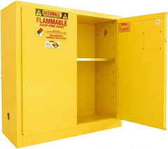 Securall Cabinets - 2 Door, 1 Shelf, Yellow Steel Standard Safety Cabinet for Flammable and Combustible Liquids - 44" High x 43" Wide x 18" Deep, Manual Closing Door, 3 Point Key Lock, 30 Gal Capacity - Exact Tool & Supply