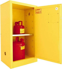 Securall Cabinets - 1 Door, 1 Shelf, Yellow Steel Standard Safety Cabinet for Flammable and Combustible Liquids - 44" High x 23-3/16" Wide x 18" Deep, Manual Closing Door, 3 Point Key Lock, 16 Gal Capacity - Exact Tool & Supply