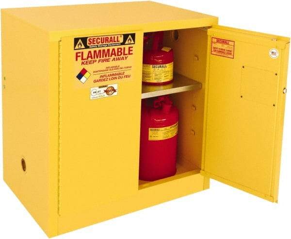 Securall Cabinets - 2 Door, 1 Shelf, Yellow Steel Standard Safety Cabinet for Flammable and Combustible Liquids - 35" High x 36" Wide x 24" Deep, Manual Closing Door, 3 Point Key Lock, 20 Gal Capacity - Exact Tool & Supply