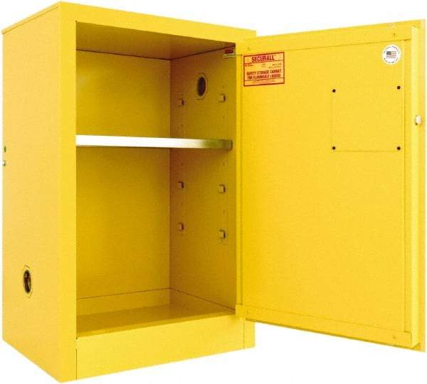 Securall Cabinets - 1 Door, 1 Shelf, Yellow Steel Standard Safety Cabinet for Flammable and Combustible Liquids - 35" High x 24" Wide x 18" Deep, Manual Closing Door, 3 Point Key Lock, 12 Gal Capacity - Exact Tool & Supply