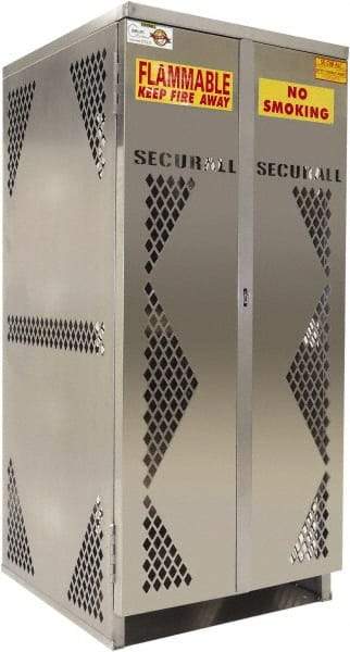 Securall Cabinets - 2 Door, Silver Aluminum Standard Safety Cabinet for Flammable and Combustible Liquids - 65" High x 60" Wide x 32" Deep, Manual Closing Door, Padlockable Hasp, Vertical Cylinder Capacity - Exact Tool & Supply