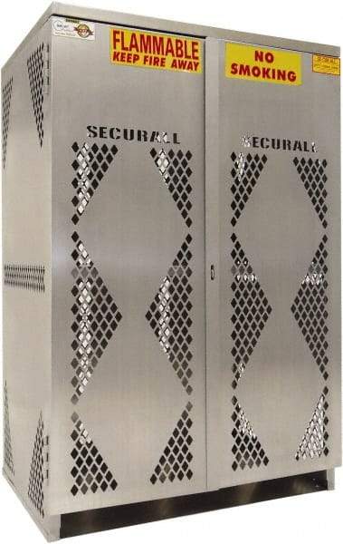 Securall Cabinets - 2 Door, 2 Shelf, Silver Aluminum Standard Safety Cabinet for Flammable and Combustible Liquids - 65" High x 43" Wide x 32" Deep, Manual Closing Door, Padlockable Hasp, 20 or 33 Lb Cylinder Capacity - Exact Tool & Supply