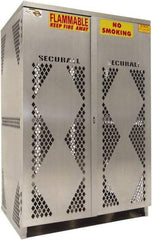 Securall Cabinets - 2 Door, 2 Shelf, Silver Aluminum Standard Safety Cabinet for Flammable and Combustible Liquids - 65" High x 43" Wide x 32" Deep, Manual Closing Door, Padlockable Hasp, 20 or 33 Lb Cylinder Capacity - Exact Tool & Supply