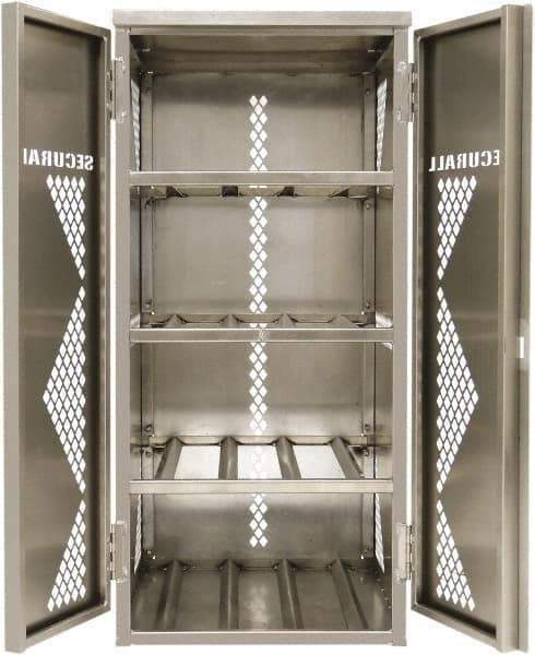 Securall Cabinets - 2 Door, 2 Shelf, Silver Aluminum Standard Safety Cabinet for Flammable and Combustible Liquids - 33" High x 43" Wide x 32" Deep, Manual Closing Door, Padlockable Hasp, 20 or 33 Lb Cylinder Capacity - Exact Tool & Supply