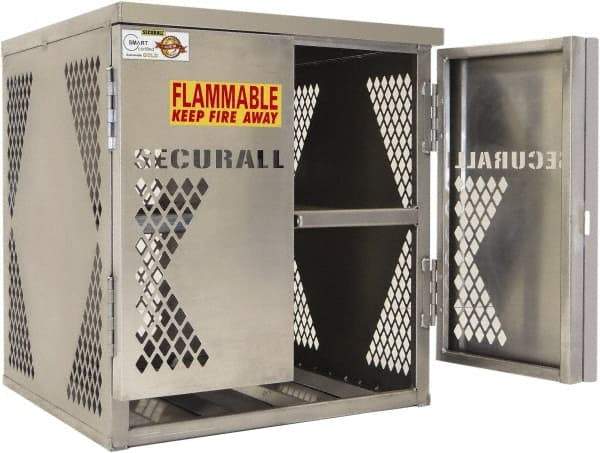 Securall Cabinets - 2 Door, 2 Shelf, Silver Aluminum Standard Safety Cabinet for Flammable and Combustible Liquids - 33" High x 30" Wide x 32" Deep, Manual Closing Door, Padlockable Hasp, 20 or 33 Lb Cylinder Capacity - Exact Tool & Supply