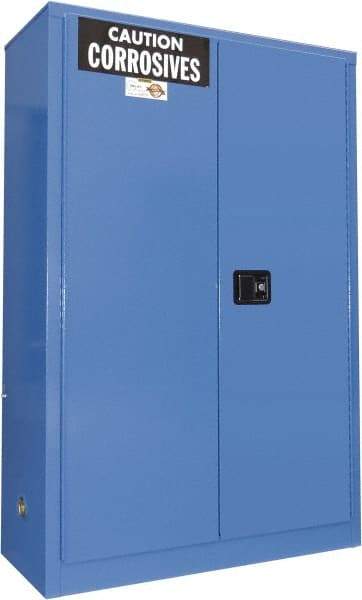 Securall Cabinets - 2 Door, 2 Shelf, Blue Steel Standard Safety Cabinet for Corrosive Chemicals - 65" High x 43" Wide x 18" Deep, Manual Closing Door, 3 Point Key Lock, 45 Gal Capacity - Exact Tool & Supply