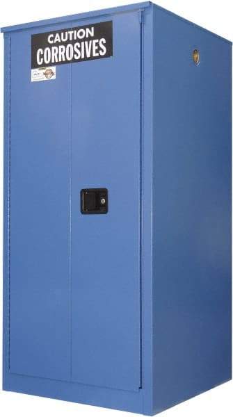 Securall Cabinets - 2 Door, 2 Shelf, Blue Steel Standard Safety Cabinet for Corrosive Chemicals - 65" High x 31" Wide x 31" Deep, Manual Closing Door, 3 Point Key Lock, 60 Gal Capacity - Exact Tool & Supply