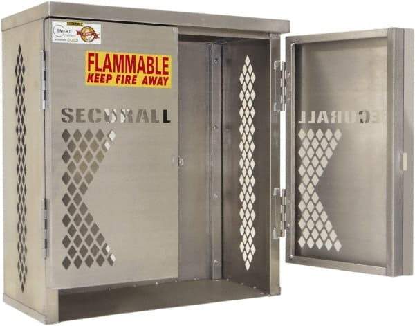 Securall Cabinets - 1 Door, 1 Shelf, Yellow Steel Standard Safety Cabinet for Flammable and Combustible Liquids - 33" High x 31" Wide x 16" Deep, Manual Closing Door, Padlockable Hasp, 20 or 33 Lb Cylinder Capacity - Exact Tool & Supply