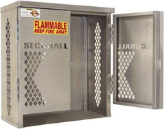 Securall Cabinets - 1 Door, 1 Shelf, Silver Aluminum Standard Safety Cabinet for Flammable and Combustible Liquids - 33" High x 31" Wide x 16" Deep, Manual Closing Door, Padlockable Hasp, 20 or 33 Lb Cylinder Capacity - Exact Tool & Supply