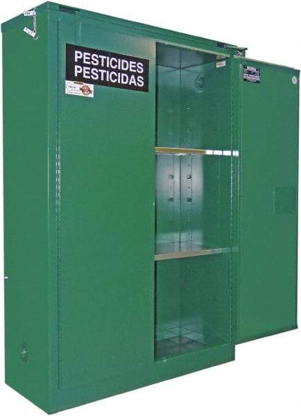 Securall Cabinets - 2 Door, 2 Shelf, Green Steel Standard Safety Cabinet for Flammable and Combustible Liquids - 65" High x 43" Wide x 18" Deep, Manual Closing Door, 3 Point Key Lock, 45 Gal Capacity - Exact Tool & Supply