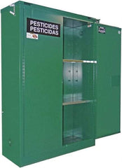 Securall Cabinets - 2 Door, 2 Shelf, Green Steel Standard Safety Cabinet for Flammable and Combustible Liquids - 67" High x 43" Wide x 18" Deep, Self Closing Door, 3 Point Key Lock, 45 Gal Capacity - Exact Tool & Supply