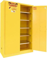 Securall Cabinets - 2 Door, 5 Shelf, Yellow Steel Standard Safety Cabinet for Flammable and Combustible Liquids - 65" High x 43" Wide x 18" Deep, Manual Closing Door, 3 Point Key Lock, 60 Gal Capacity - Exact Tool & Supply