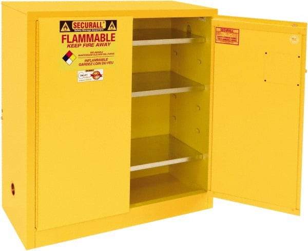 Securall Cabinets - 2 Door, 3 Shelf, Yellow Steel Standard Safety Cabinet for Flammable and Combustible Liquids - 44" High x 43" Wide x 18" Deep, Manual Closing Door, 3 Point Key Lock, 40 Gal Capacity - Exact Tool & Supply