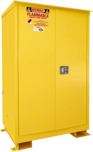 Securall Cabinets - 2 Door, 2 Shelf, Yellow Steel Standard Safety Cabinet for Flammable and Combustible Liquids - 69" High x 43" Wide x 31" Deep, Manual Closing Door, 3 Point Key Lock, 90 Gal Capacity - Exact Tool & Supply