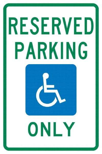 NMC - "Reserved Parking Only", "Handicap Symbol", 12" Wide x 18" High, Aluminum ADA Signs - 0.04" Thick, Green & Blue on White, Rectangle, Post Mount - Exact Tool & Supply
