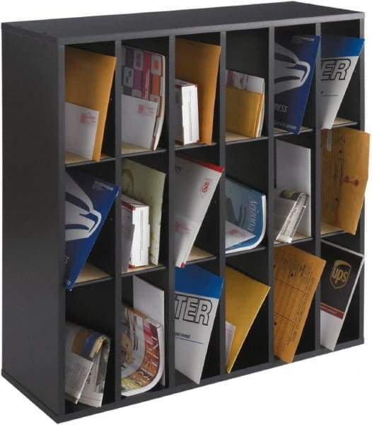 Safco - 33-3/4" Wide x 32-3/4" High x 12" Deep Wood Mail Sorter Module - 18 Compartments, Black - Exact Tool & Supply