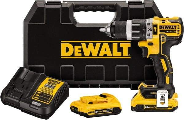 DeWALT - 20 Volt 1/2" Metal Single Sleeve w Carbide Jaws Ratcheting Chuck Chuck Cordless Hammer Drill - 0 to 34,000 BPM, 0 to 500 & 0 to 2,000 RPM, Reversible, Mid-Handle - Exact Tool & Supply