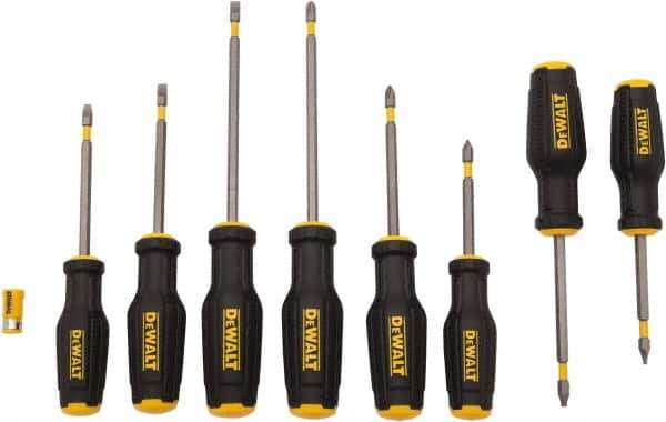 DeWALT - 8 Piece Phillips, Slotted & Square Screwdriver Set - Ergonomic & Bi-material Handle, Blade Sizes: Length 3 to 6, Width 3/16, 1/4 & 5/16, Bit Sizes: Philips #1 to #3 - Exact Tool & Supply