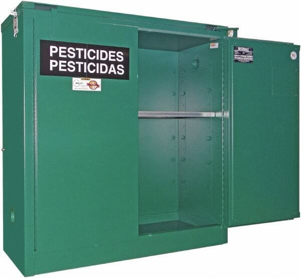 Securall Cabinets - 2 Door, 1 Shelf, Green Steel Standard Safety Cabinet for Flammable and Combustible Liquids - 46" High x 43" Wide x 18" Deep, Self Closing Door, 3 Point Key Lock, 30 Gal Capacity - Exact Tool & Supply