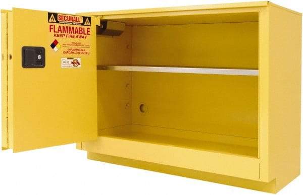 Securall Cabinets - 2 Door, 1 Shelf, Yellow Steel Under the Counter Safety Cabinet for Flammable and Combustible Liquids - 35-5/8" High x 47" Wide x 22" Deep, Sliding Door, 3 Point Key Lock, 36 Gal Capacity - Exact Tool & Supply