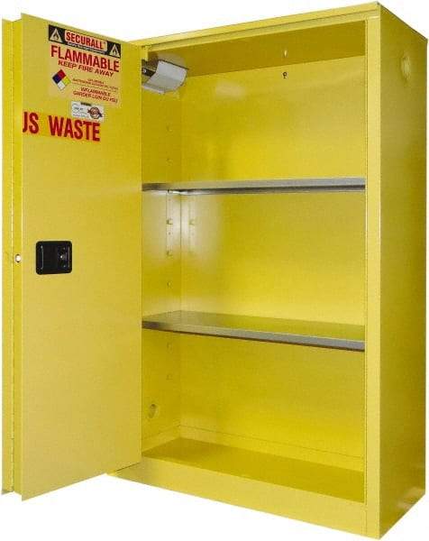 Securall Cabinets - 2 Door, 2 Shelf, Yellow Steel Standard Safety Cabinet for Flammable and Combustible Liquids - 65" High x 43" Wide x 18" Deep, Sliding Door, 3 Point Key Lock, 45 Gal Capacity - Exact Tool & Supply