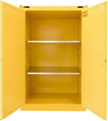 Securall Cabinets - 2 Door, 2 Shelf, Yellow Steel Standard Safety Cabinet for Flammable and Combustible Liquids - 67" High x 43" Wide x 31" Deep, Self Closing Door, 3 Point Key Lock, 90 Gal Capacity - Exact Tool & Supply