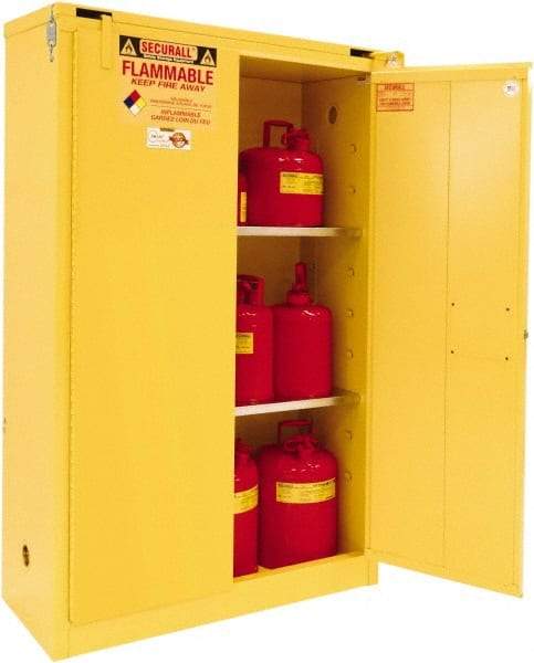 Securall Cabinets - 2 Door, 2 Shelf, Yellow Steel Standard Safety Cabinet for Flammable and Combustible Liquids - 67" High x 43" Wide x 18" Deep, Self Closing Door, 3 Point Key Lock, 45 Gal Capacity - Exact Tool & Supply