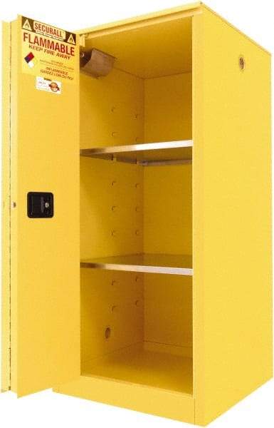 Securall Cabinets - 2 Door, 2 Shelf, Yellow Steel Standard Safety Cabinet for Flammable and Combustible Liquids - 65" High x 31" Wide x 31" Deep, Sliding Door, 3 Point Key Lock, 60 Gal Capacity - Exact Tool & Supply