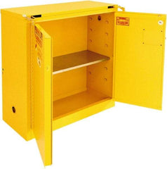 Securall Cabinets - 2 Door, 1 Shelf, Yellow Steel Standard Safety Cabinet for Flammable and Combustible Liquids - 46" High x 43" Wide x 18" Deep, Self Closing Door, 3 Point Key Lock, 30 Gal Capacity - Exact Tool & Supply