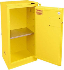 Securall Cabinets - 1 Door, 1 Shelf, Yellow Steel Standard Safety Cabinet for Flammable and Combustible Liquids - 46" High x 23-3/16" Wide x 18" Deep, Self Closing Door, 3 Point Key Lock, 16 Gal Capacity - Exact Tool & Supply