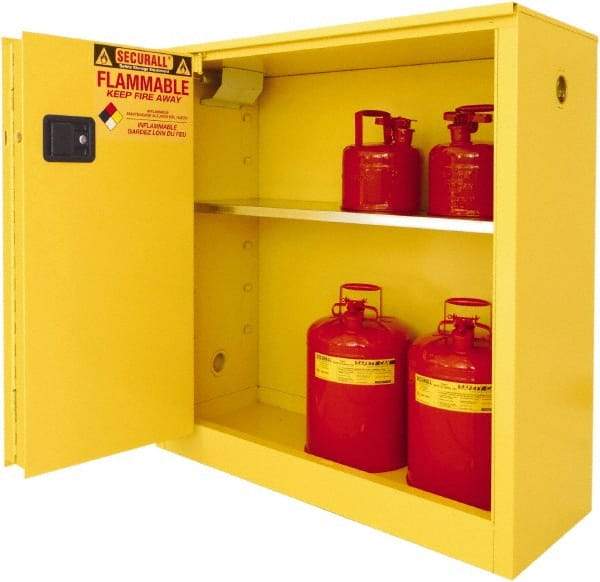 Securall Cabinets - 2 Door, 2 Shelf, Yellow Steel Standard Safety Cabinet for Flammable and Combustible Liquids - 65" High x 43" Wide x 18" Deep, Sliding Door, 3 Point Key Lock, 45 Gal Capacity - Exact Tool & Supply