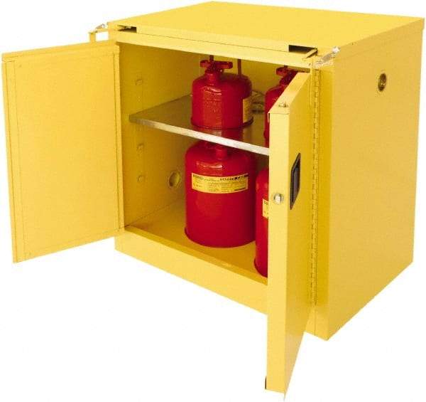 Securall Cabinets - 2 Door, 1 Shelf, Yellow Steel Standard Safety Cabinet for Flammable and Combustible Liquids - 37" High x 36" Wide x 24" Deep, Self Closing Door, 3 Point Key Lock, 30 Gal Capacity - Exact Tool & Supply
