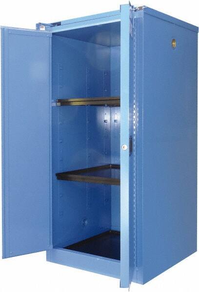 Securall Cabinets - 2 Door, 2 Shelf, Blue Steel Standard Safety Cabinet for Corrosive Chemicals - 67" High x 31" Wide x 31" Deep, Self Closing Door, 3 Point Key Lock, 60 Gal Capacity - Exact Tool & Supply