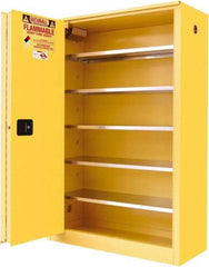 Securall Cabinets - 2 Door, 5 Shelf, Yellow Steel Standard Safety Cabinet for Flammable and Combustible Liquids - 65" High x 43" Wide x 18" Deep, Sliding Door, 3 Point Key Lock, 60 Gal Capacity - Exact Tool & Supply