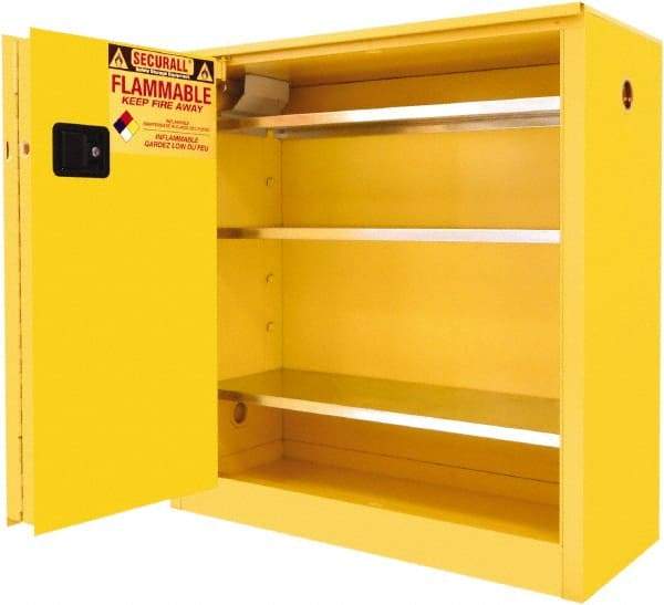 Securall Cabinets - 2 Door, 3 Shelf, Yellow Steel Standard Safety Cabinet for Flammable and Combustible Liquids - 44" High x 43" Wide x 18" Deep, Sliding Door, 3 Point Key Lock, 40 Gal Capacity - Exact Tool & Supply