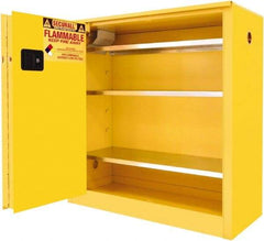 Securall Cabinets - 2 Door, 3 Shelf, Yellow Steel Standard Safety Cabinet for Flammable and Combustible Liquids - 44" High x 43" Wide x 18" Deep, Sliding Door, 3 Point Key Lock, 40 Gal Capacity - Exact Tool & Supply