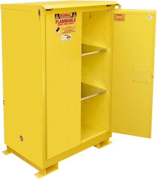 Securall Cabinets - 2 Door, 2 Shelf, Yellow Steel Standard Safety Cabinet for Flammable and Combustible Liquids - 71" High x 43" Wide x 31" Deep, Self Closing Door, 3 Point Key Lock, 90 Gal Capacity - Exact Tool & Supply