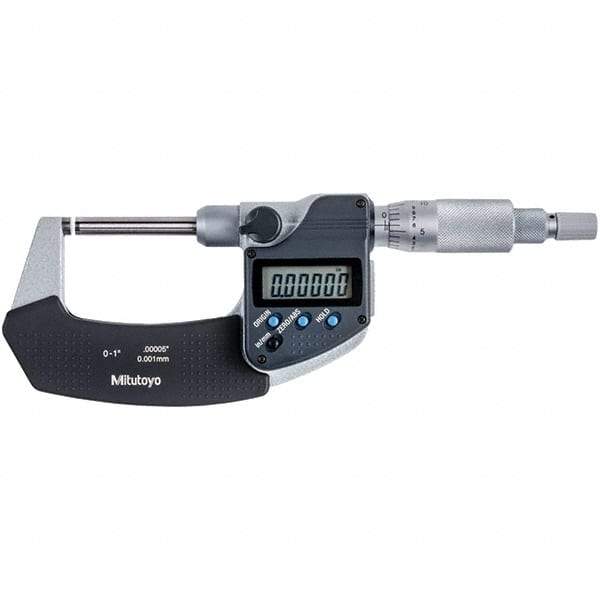 Mitutoyo - 0 to 1" Range, 0.00005" Resolution, Non-Rotating Throat Electronic Outside Micrometer - 0.00015" Accuracy, Ratchet Stop Thimble, Carbide-Tipped Face, SR44 Battery - Exact Tool & Supply