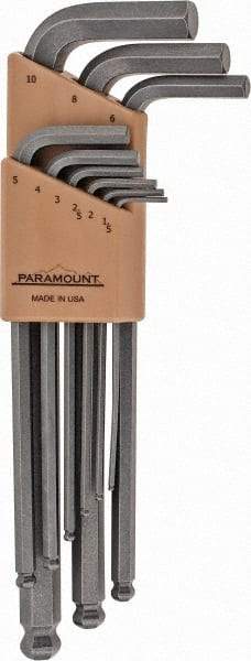 Paramount - 9 Piece L-Key Ball End Hex Key Set - Hex Range 1.5 to 10mm, 7-1/4" OAL, Steel - Exact Tool & Supply