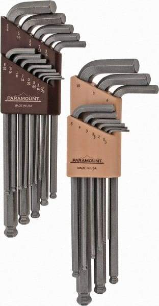 Paramount - 22 Piece L-Key Ball End Hex Key Set - Hex Range 0.05 to 3/8", 7-1/4" OAL, Steel - Exact Tool & Supply