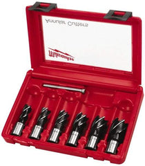 Milwaukee Tool - 6 Piece, 9/16 to 1-1/16" Cutter Diam, 1" Cutting Depth, Steel Annular Cutter Set - Bright Finish, 3/4" Shank Diam, 9/16, 5/8, 11/16, 13/16, 15/16, 1-1/16" Cutter Diams, 2 Flats on Shank - Exact Tool & Supply