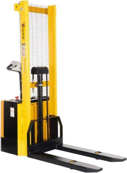 Vestil - 2,000 Lb Capacity, 62" Lift Height, Battery Powered Stacker - 3-3/8" Lowered Height, 42" Fork Length, 26-3/4" Overall Width - Exact Tool & Supply