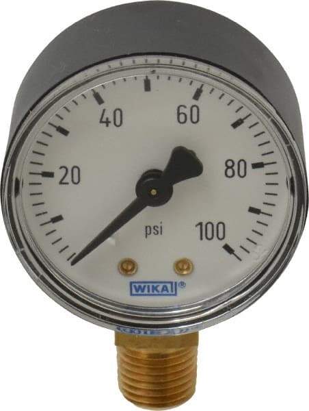Wika - 2" Dial, 1/4 Thread, 0-100 Scale Range, Pressure Gauge - Lower Connection Mount, Accurate to 3-2-3% of Scale - Exact Tool & Supply