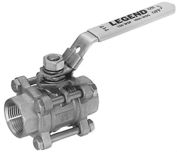 Legend Valve - 1-1/2" Pipe, Full Port, Stainless Steel Standard Ball Valve - 3 Piece, Inline - One Way Flow, FNPT x FNPT Ends, Locking Lever Handle, 1,000 WOG, 150 WSP - Exact Tool & Supply
