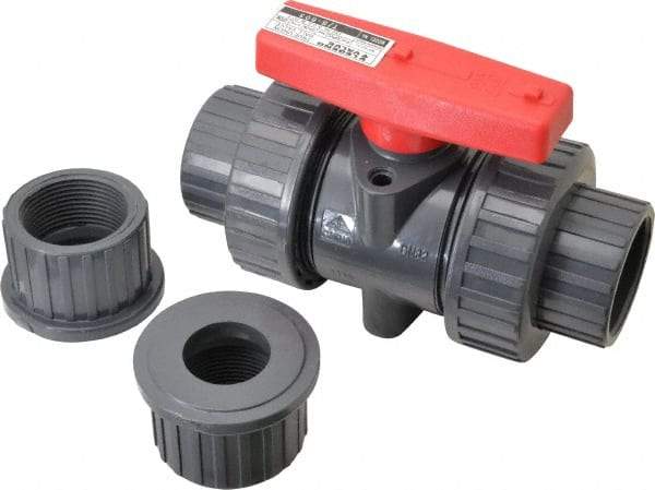 Legend Valve - 1-1/4" Pipe, Full Port, PVC True Union Design Ball Valve - Inline - One Way Flow, FNPT x Solvent Ends, Tee Handle, 150 WOG - Exact Tool & Supply