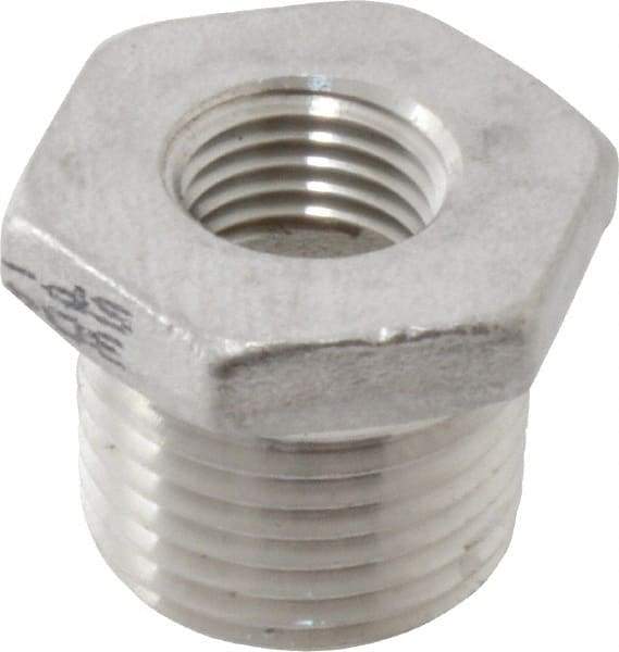 Value Collection - 1/2 x 1/4" Grade 304 Stainless Steel Pipe Hex Bushing - MNPT x FNPT End Connections, 150 psi - Exact Tool & Supply